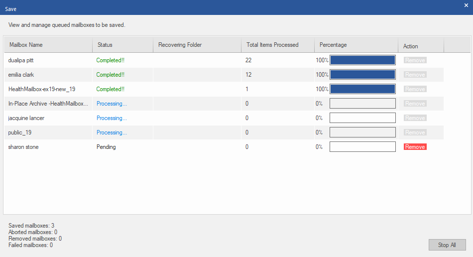 The software starts exporting and saving multiple mailboxes at the same time to PST.